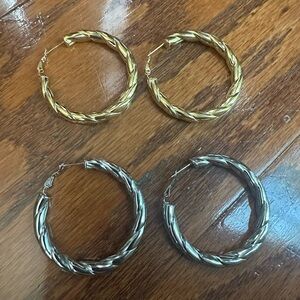 Stainless Steel Braided Gold and Silver Hoop Earrings 2 Pairs NWT
